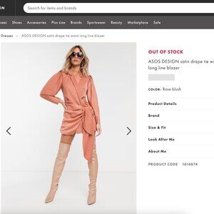 ASOS Structured Satin Drape Tie Waist Long Line Blazer Size 6
